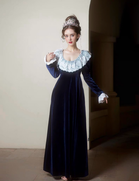 Gothiv Navy Victorian style Dress with Lace Ruffled Collar and Long Sleeves – Gothic Victorian Dress - Velvet Dress Plus Size